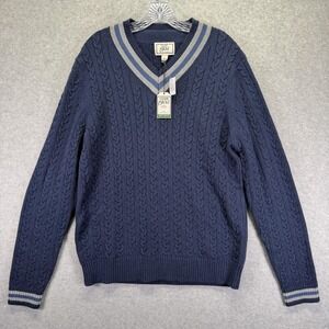 Jos. A. Bank Sweater Mens Large Blue Cotton Wool Cable V-Neck Cricket Pullover
